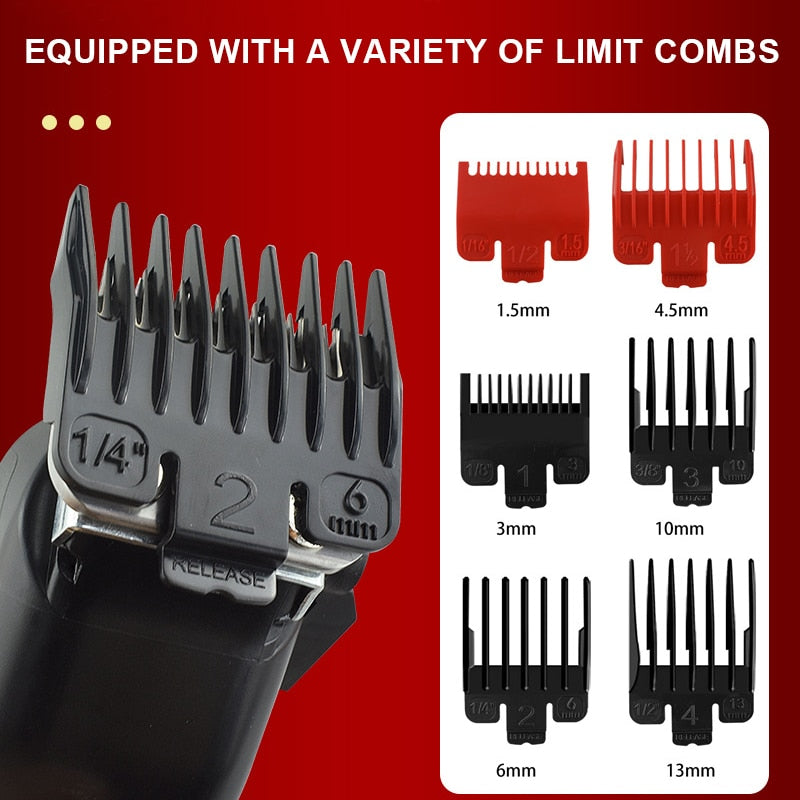 Professional Barber Hair Clippers with LCD display, showcasing a sleek stainless steel design for home and travel use.