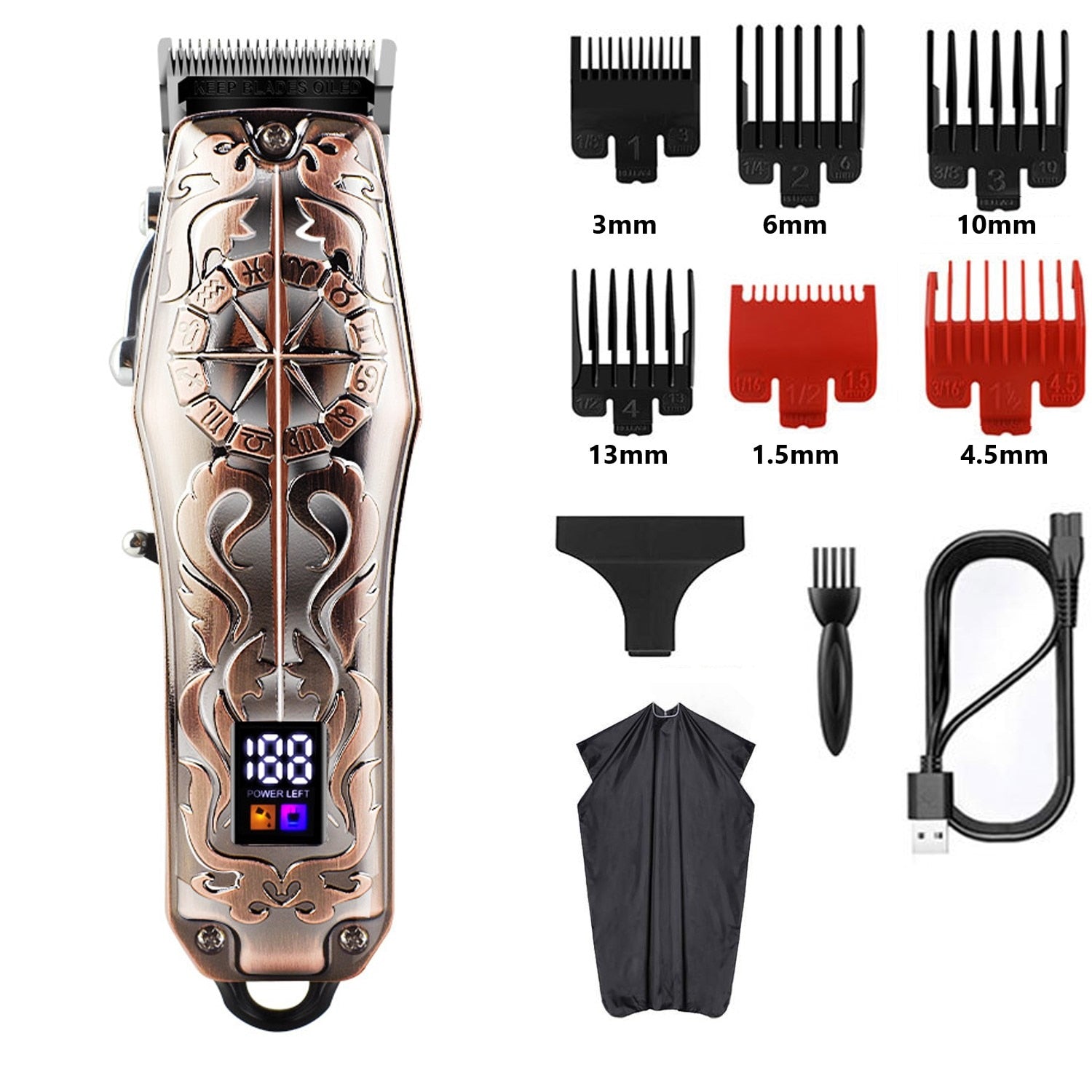 Professional Barber Hair Clippers with LCD display, showcasing a sleek stainless steel design for home and travel use.