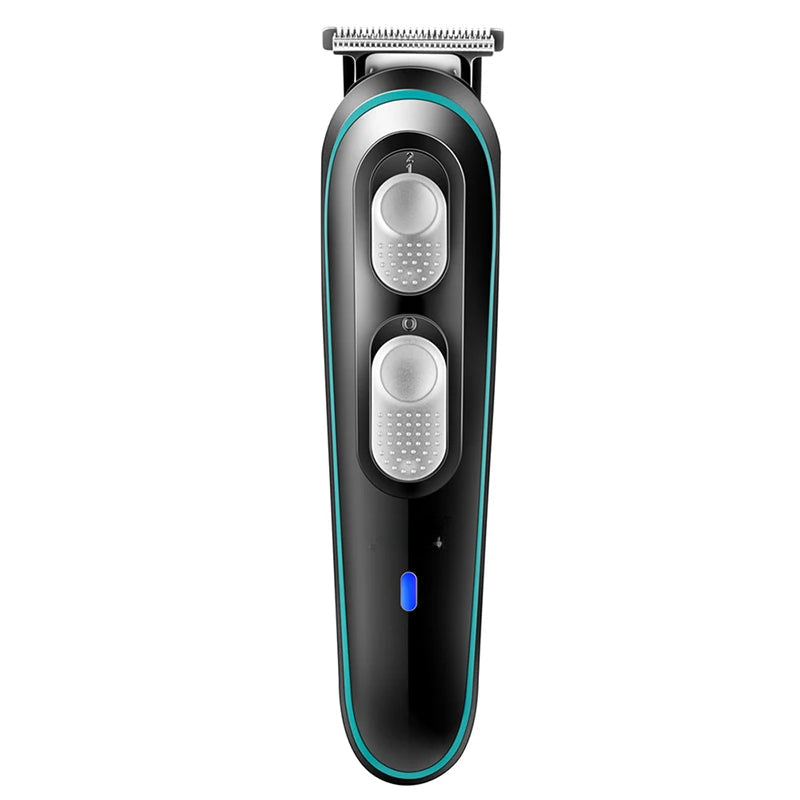 Professional Barber Hair Trimmer with stainless steel blades and USB charging cable, designed for men's grooming.