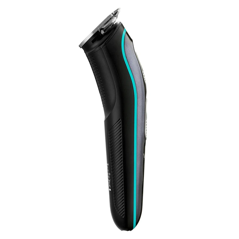 Professional Barber Hair Trimmer with stainless steel blades and USB charging cable, designed for men's grooming.