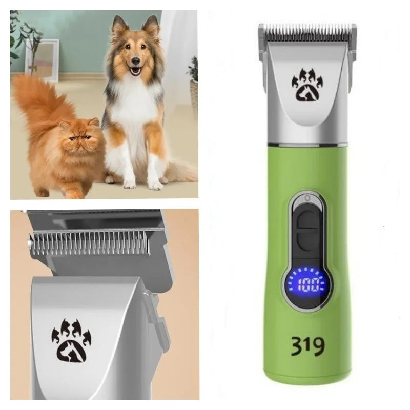 Professional cordless dog grooming clipper with ergonomic design and multiple limit combs for versatile pet grooming.