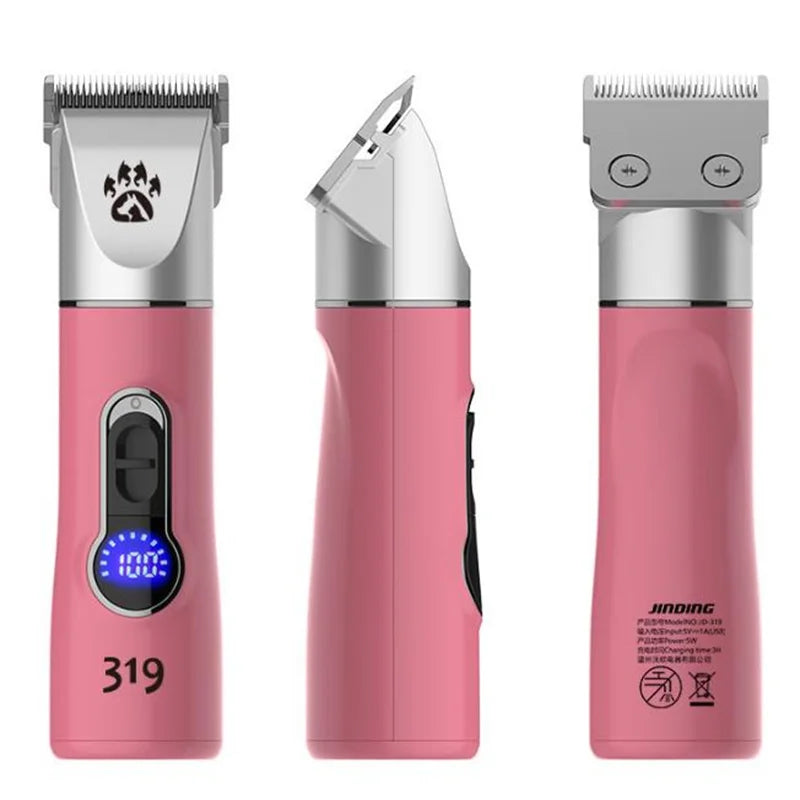 Professional cordless dog grooming clipper with ergonomic design and multiple limit combs for versatile pet grooming.