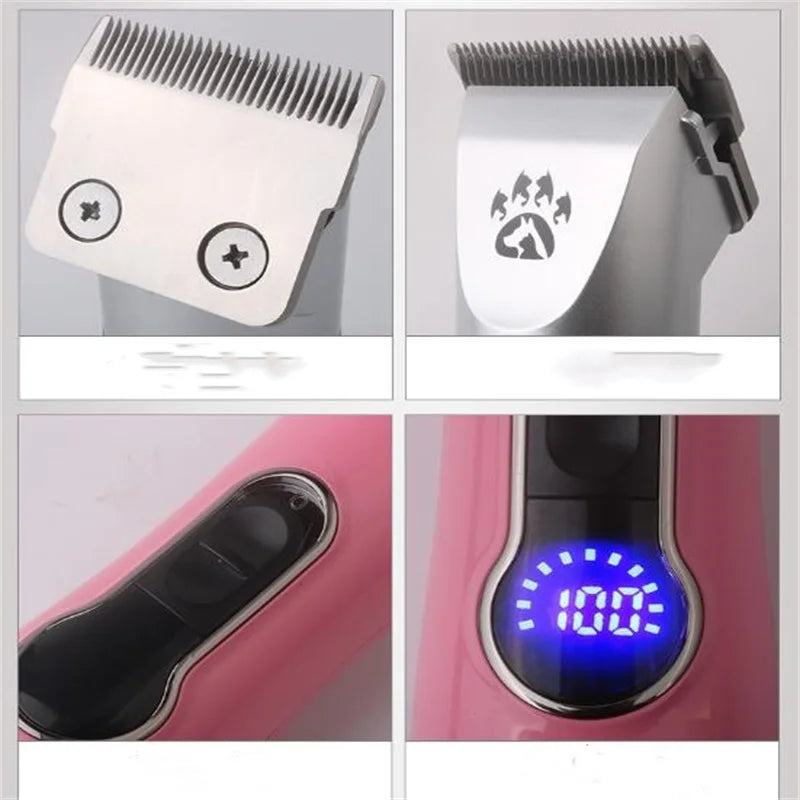 Professional cordless dog grooming clipper with ergonomic design and multiple limit combs for versatile pet grooming.