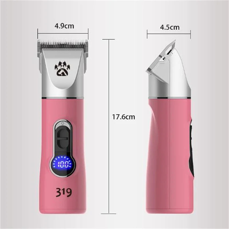 Professional cordless dog grooming clipper with ergonomic design and multiple limit combs for versatile pet grooming.