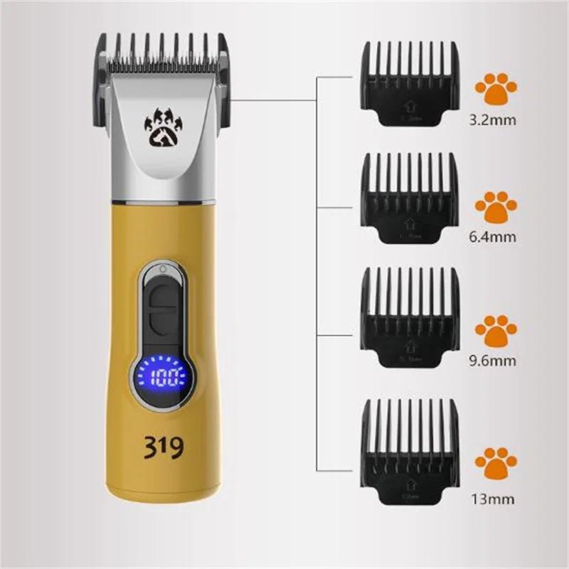 Professional cordless dog grooming clipper with ergonomic design and multiple limit combs for versatile pet grooming.