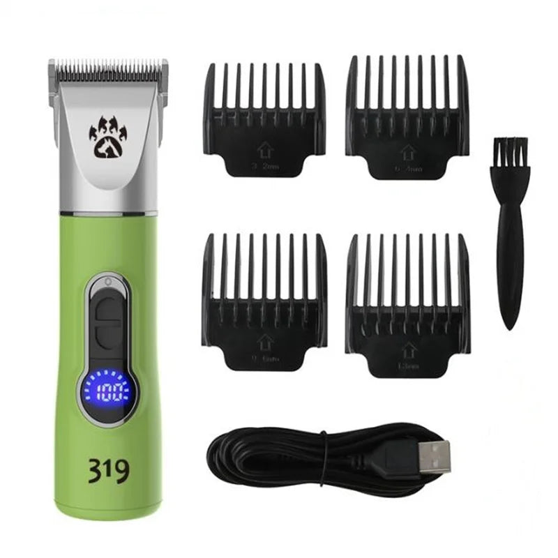 Professional cordless dog grooming clipper with ergonomic design and multiple limit combs for versatile pet grooming.