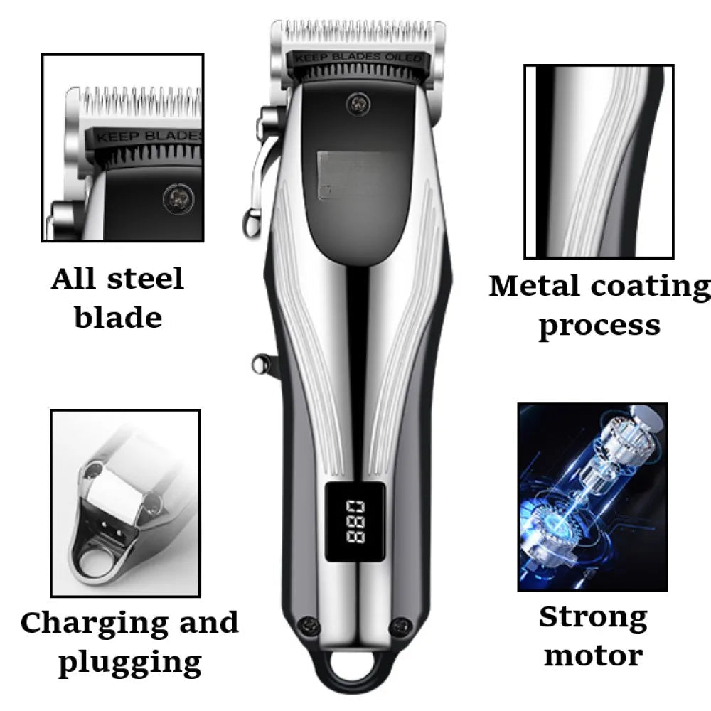 Professional Cordless Hair Clipper with accessories including limit combs, scissors, and a USB cable, designed for men's grooming.