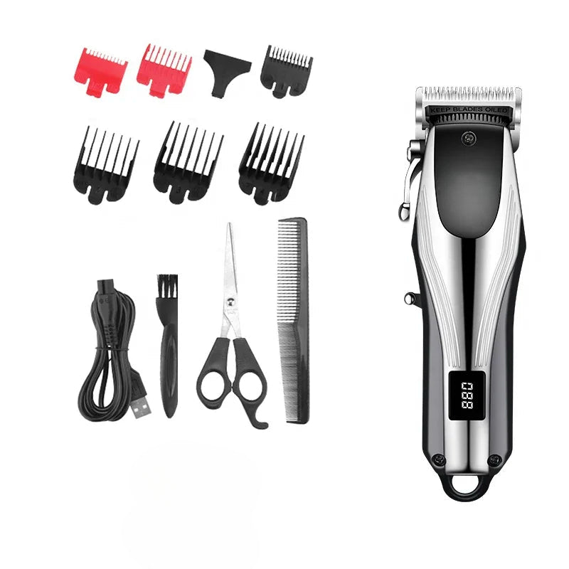 Professional Cordless Hair Clipper with various limit combs and accessories, showcasing its sleek design and functionality.