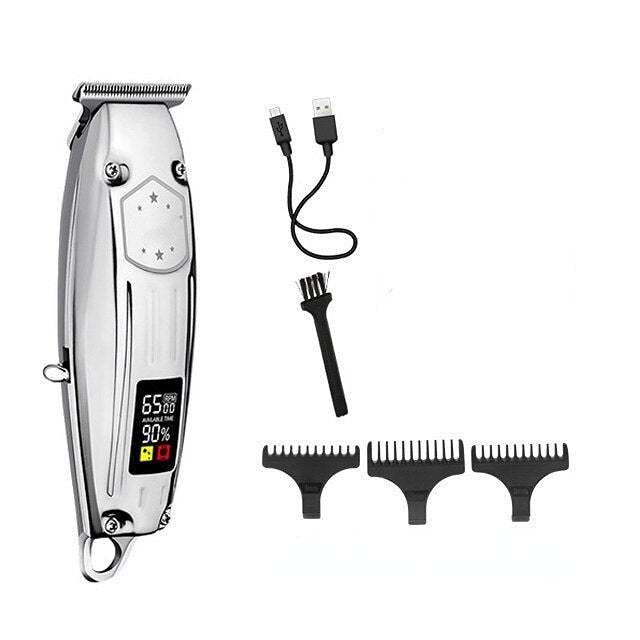 Professional cordless hair clippers for men with LED display and adjustable cutting lengths, designed for easy and efficient grooming.