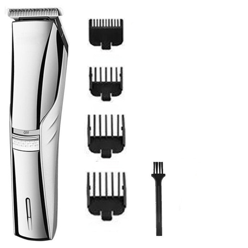 Professional Electric Hair Clipper in silver color with limit combs and hair brush, designed for precise hair cutting.