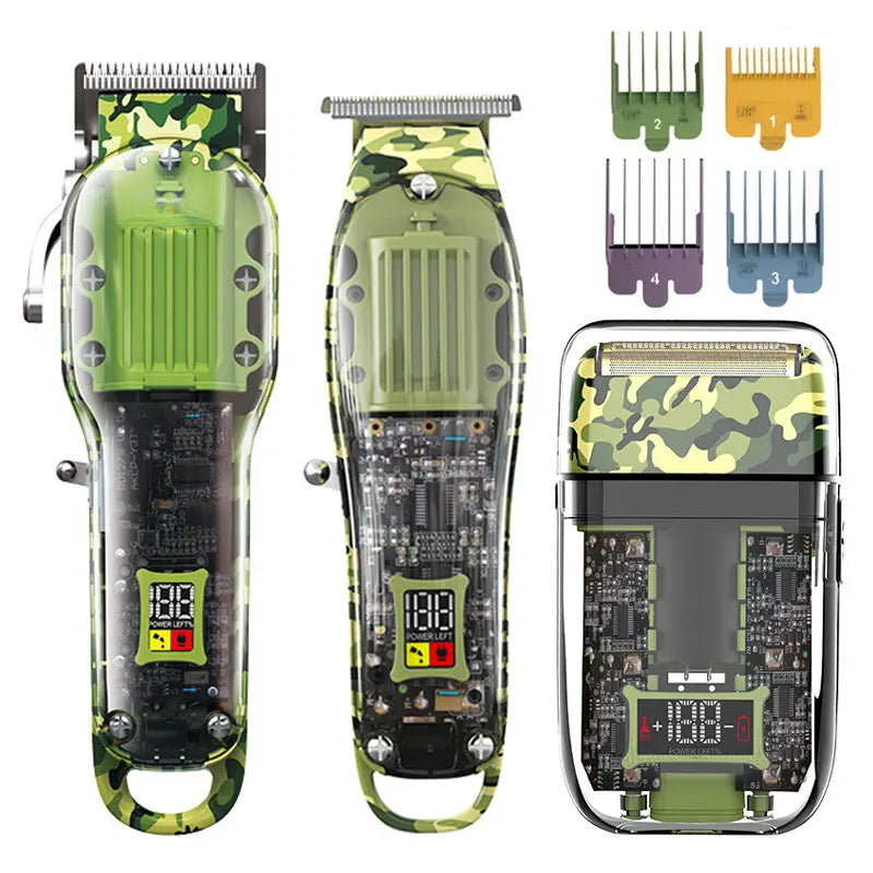 Professional Hair Clipper with adjustable blade, USB charger, and guide combs, designed for men, featuring a transparent body and stainless steel blades.