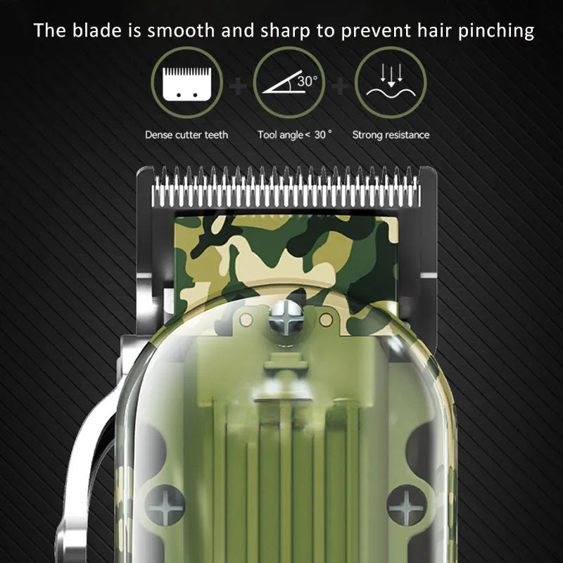 Professional Hair Clipper with adjustable blade, USB charger, and guide combs, designed for men, featuring a transparent body and stainless steel blades.