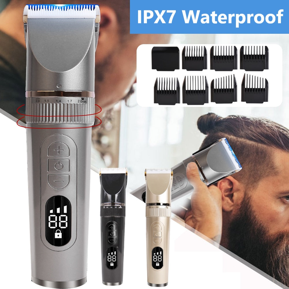 Professional Hair Clipper for Men with adjustable settings and waterproof design, ideal for beard trimming and hair cutting.