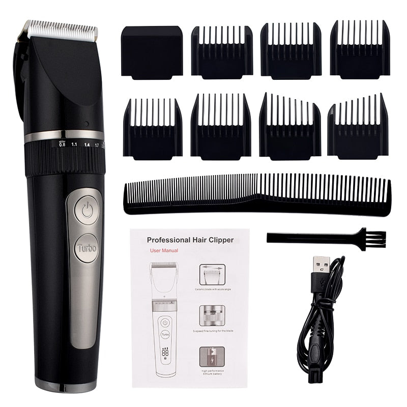 Professional Hair Clipper for Men, featuring a sleek design, adjustable blade settings, and waterproof body for easy cleaning.