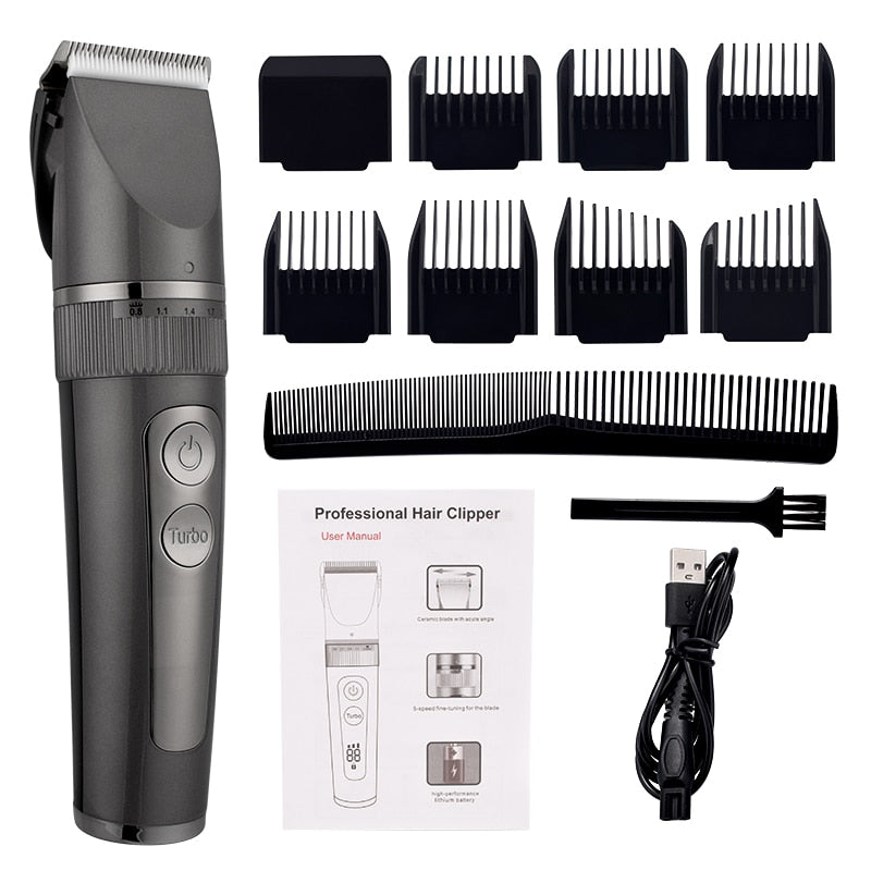 Professional Hair Clipper for Men, featuring a sleek design, adjustable blade settings, and waterproof body for easy cleaning.