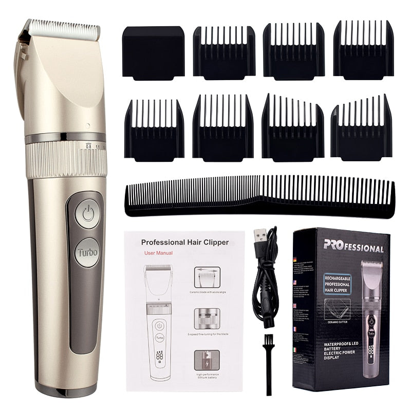 Professional Hair Clipper for Men, featuring a sleek design, adjustable blade settings, and waterproof body for easy cleaning.