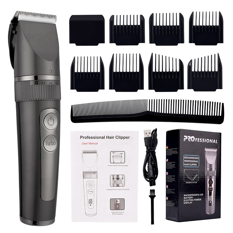 Professional Hair Clipper for Men, featuring a sleek design, adjustable blade settings, and waterproof body for easy cleaning.