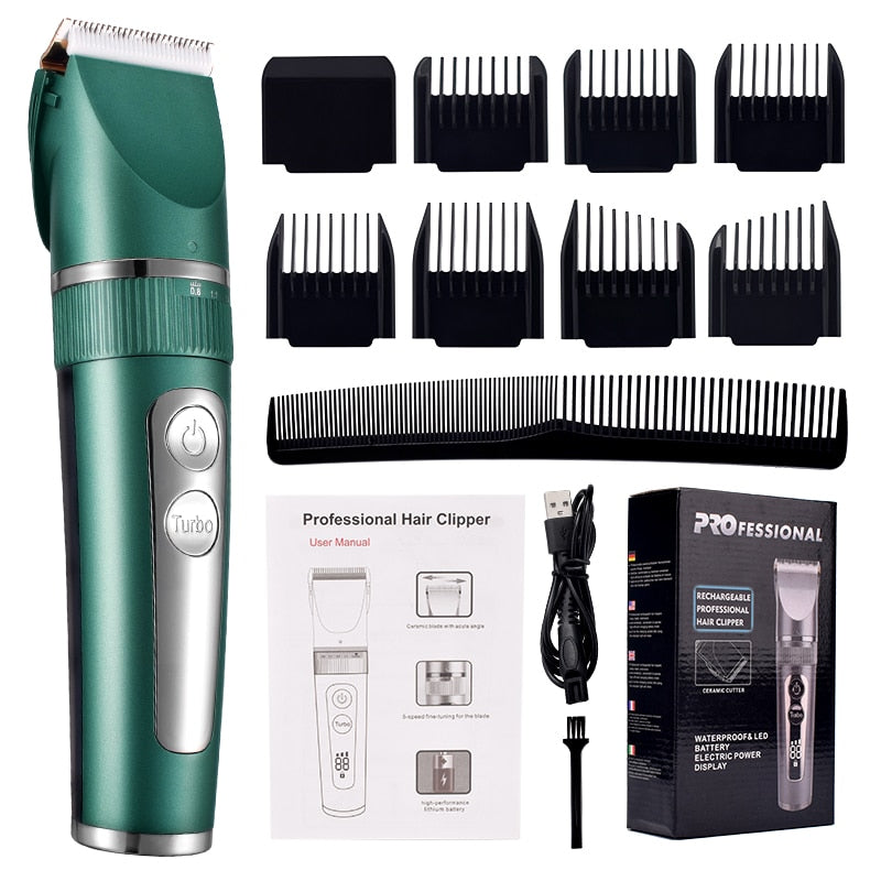 Professional Hair Clipper for Men, featuring a sleek design, adjustable blade settings, and waterproof body for easy cleaning.