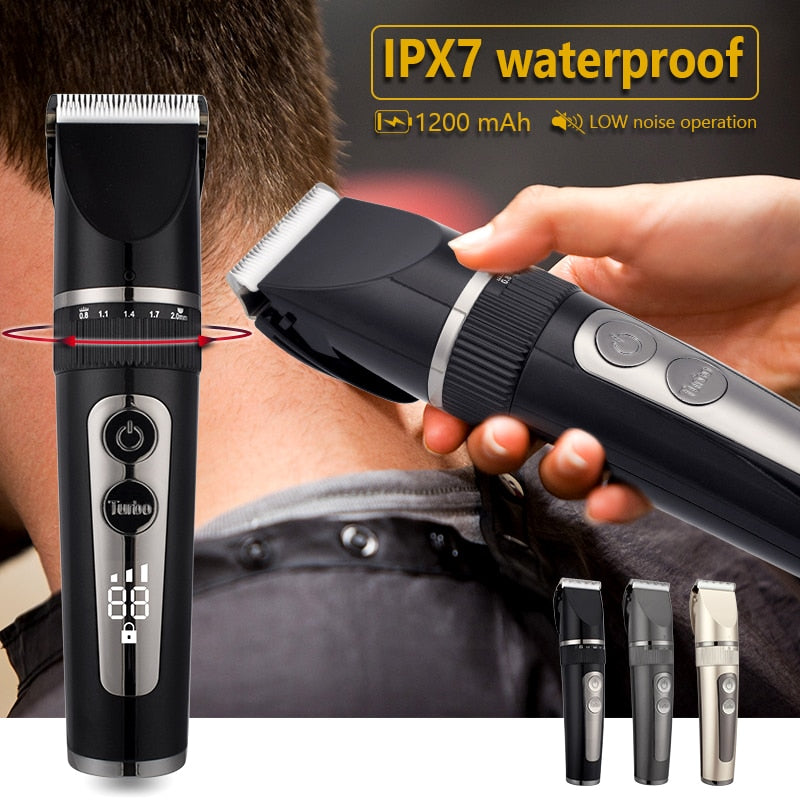 Professional Hair Clipper for Men, featuring a sleek design, adjustable blade settings, and waterproof body for easy cleaning.