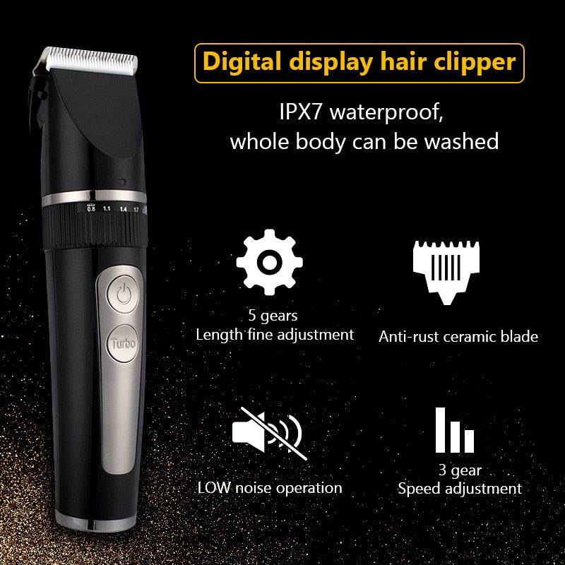 Professional Hair Clipper for Men, featuring a sleek design, adjustable blade settings, and waterproof body for easy cleaning.