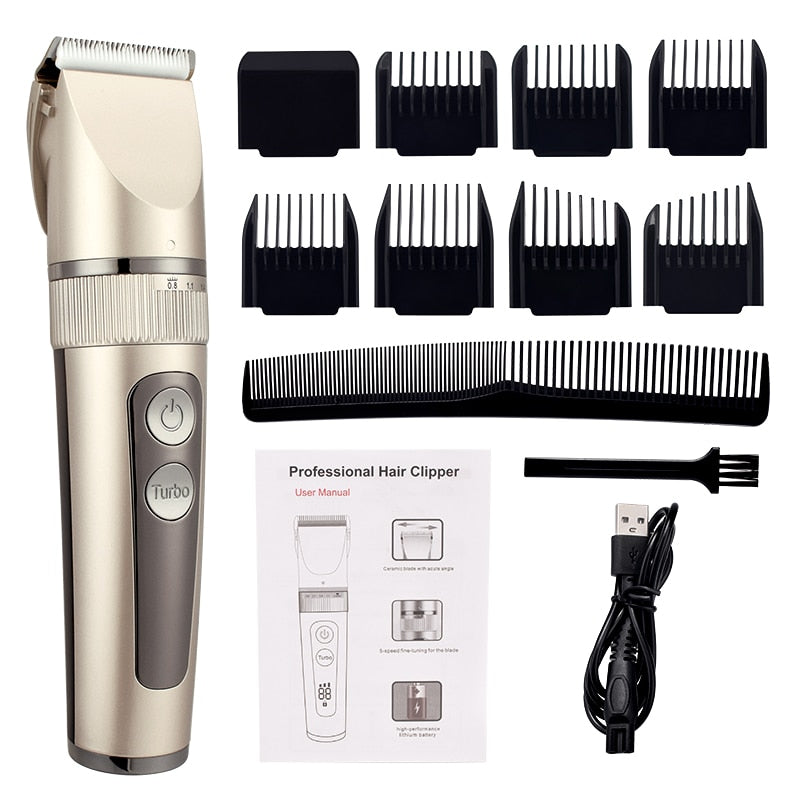 Professional Hair Clipper for Men, featuring a sleek design, adjustable blade settings, and waterproof body for easy cleaning.