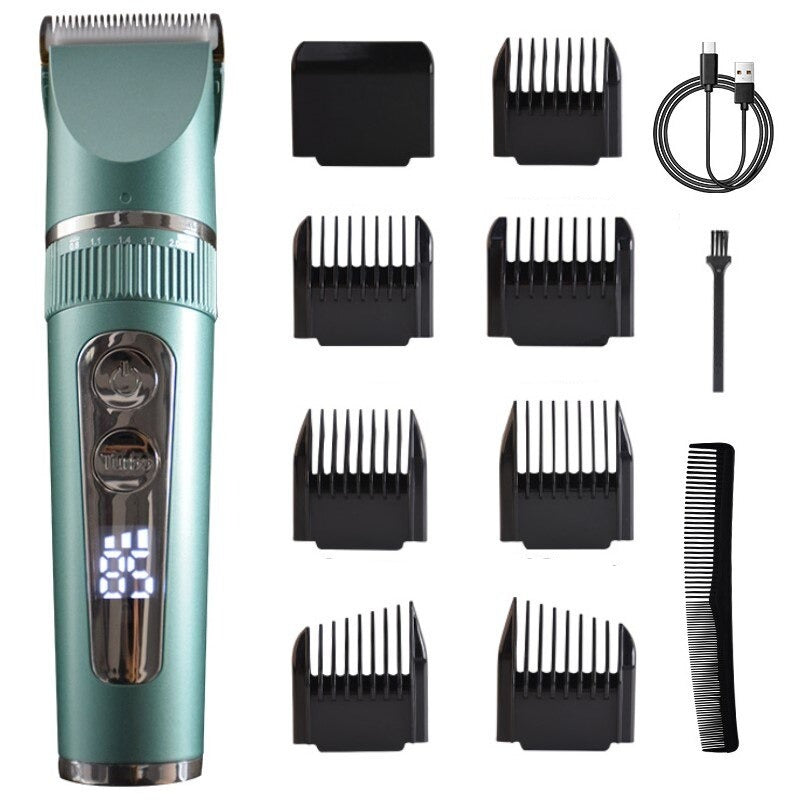 Professional Hair Clipper for Men with digital display and accessories including limit combs and USB cable.