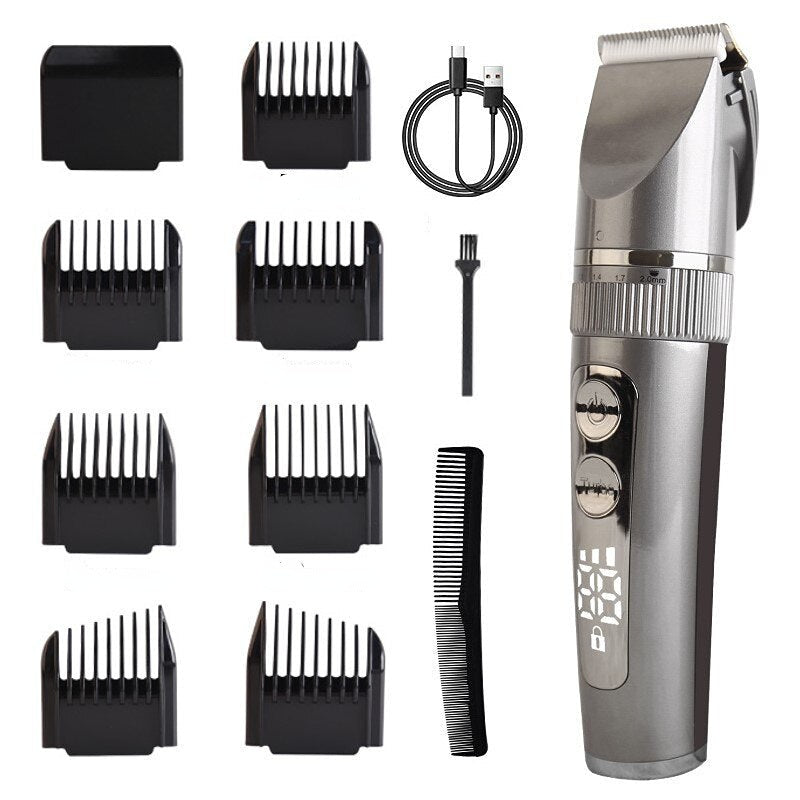 Professional Hair Clipper for Men with digital display and accessories including limit combs and USB cable.