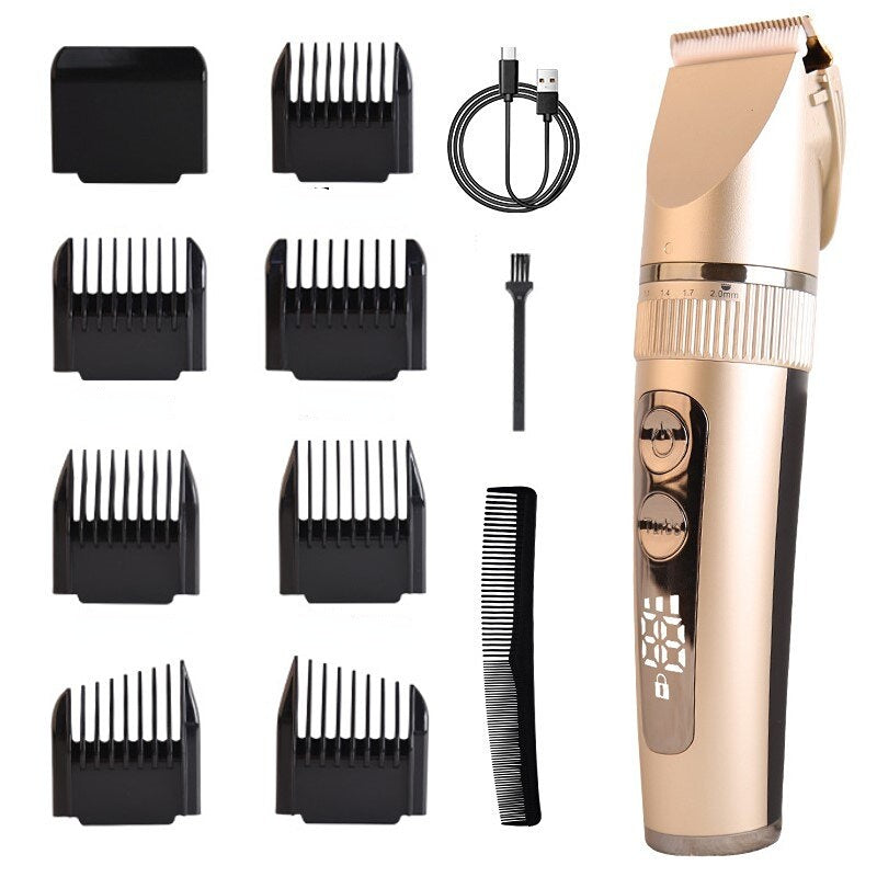 Professional Hair Clipper for Men with digital display and accessories including limit combs and USB cable.