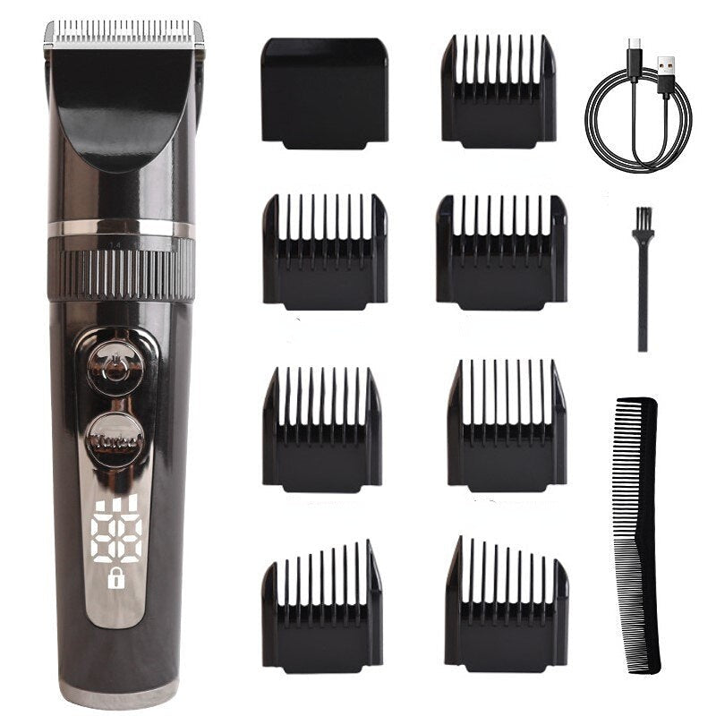 Professional Hair Clipper for Men with digital display and accessories including limit combs and USB cable.