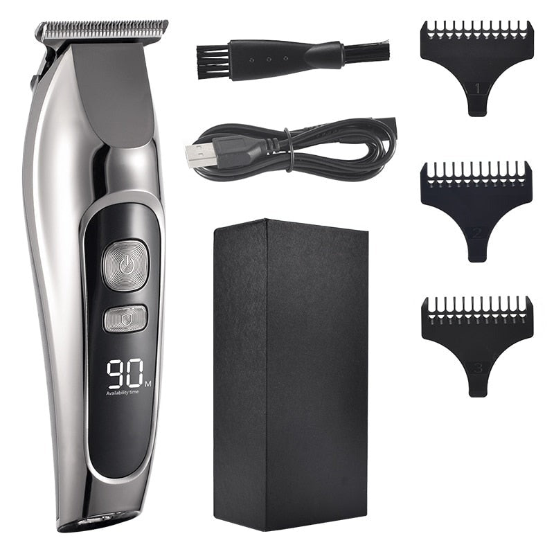 Professional Hair Clipper for men with LED display, titanium and ceramic blades, and adjustable length settings, ideal for hair and beard trimming.