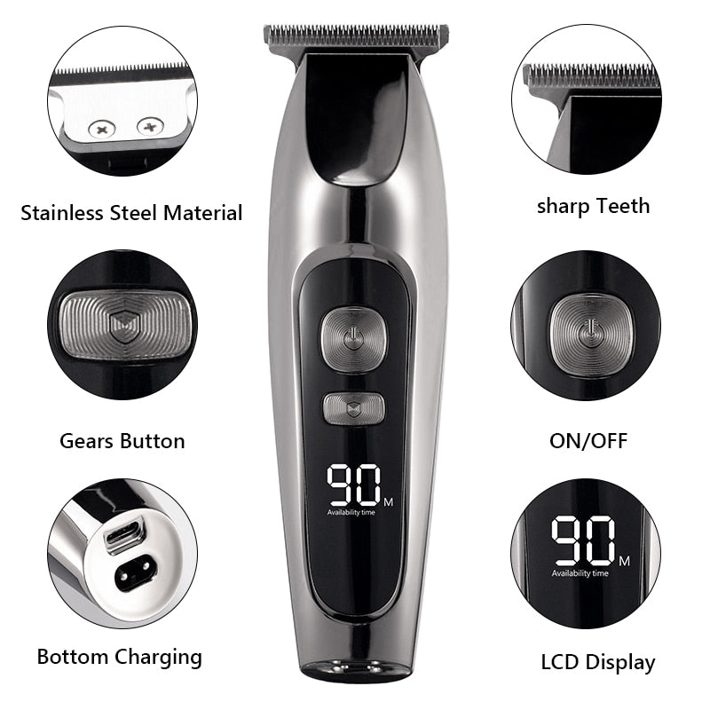 Professional Hair Clipper for men with LED display, titanium and ceramic blades, and adjustable length settings, ideal for hair and beard trimming.