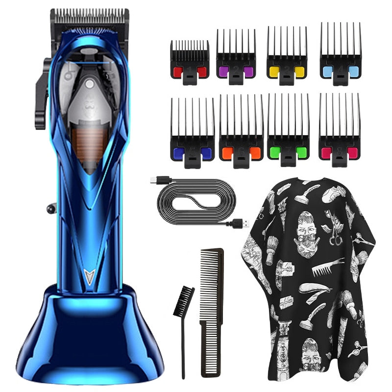 Professional Hair Clipper with stainless steel blades and limit combs for versatile hair styling.