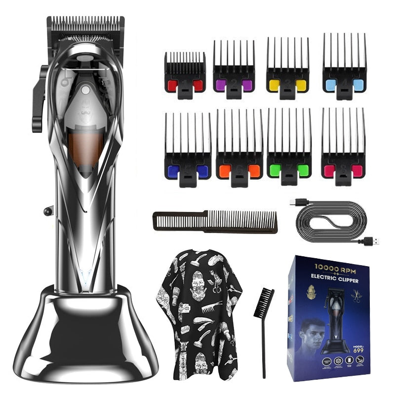 Professional Hair Clipper with stainless steel blades and limit combs for versatile hair styling.