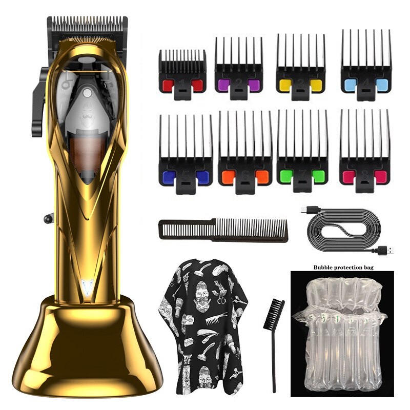 Professional Hair Clipper with stainless steel blades and limit combs for versatile hair styling.