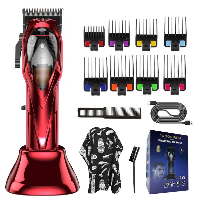 Professional Hair Clipper with stainless steel blades and limit combs for versatile hair styling.