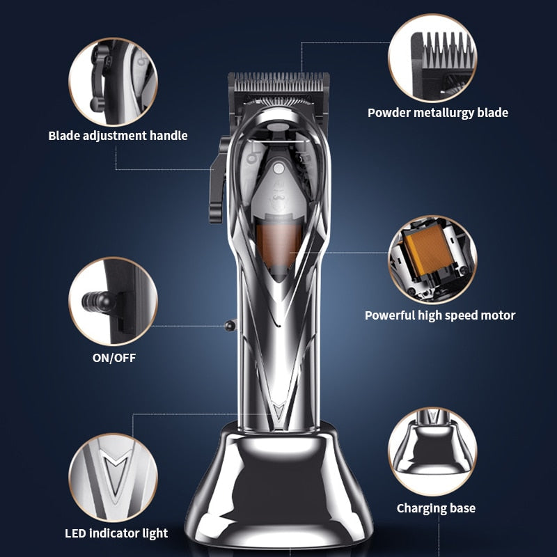 Professional Hair Clipper with stainless steel blades and limit combs for versatile hair styling.