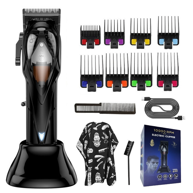 Professional Hair Clipper with stainless steel blades and limit combs for versatile hair styling.