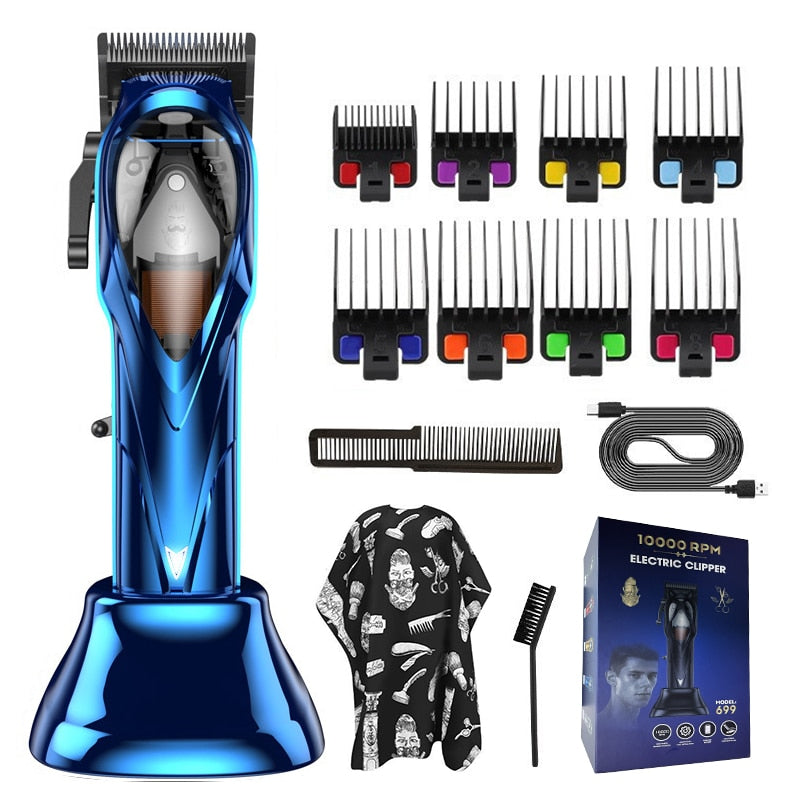 Professional Hair Clipper with stainless steel blades and limit combs for versatile hair styling.