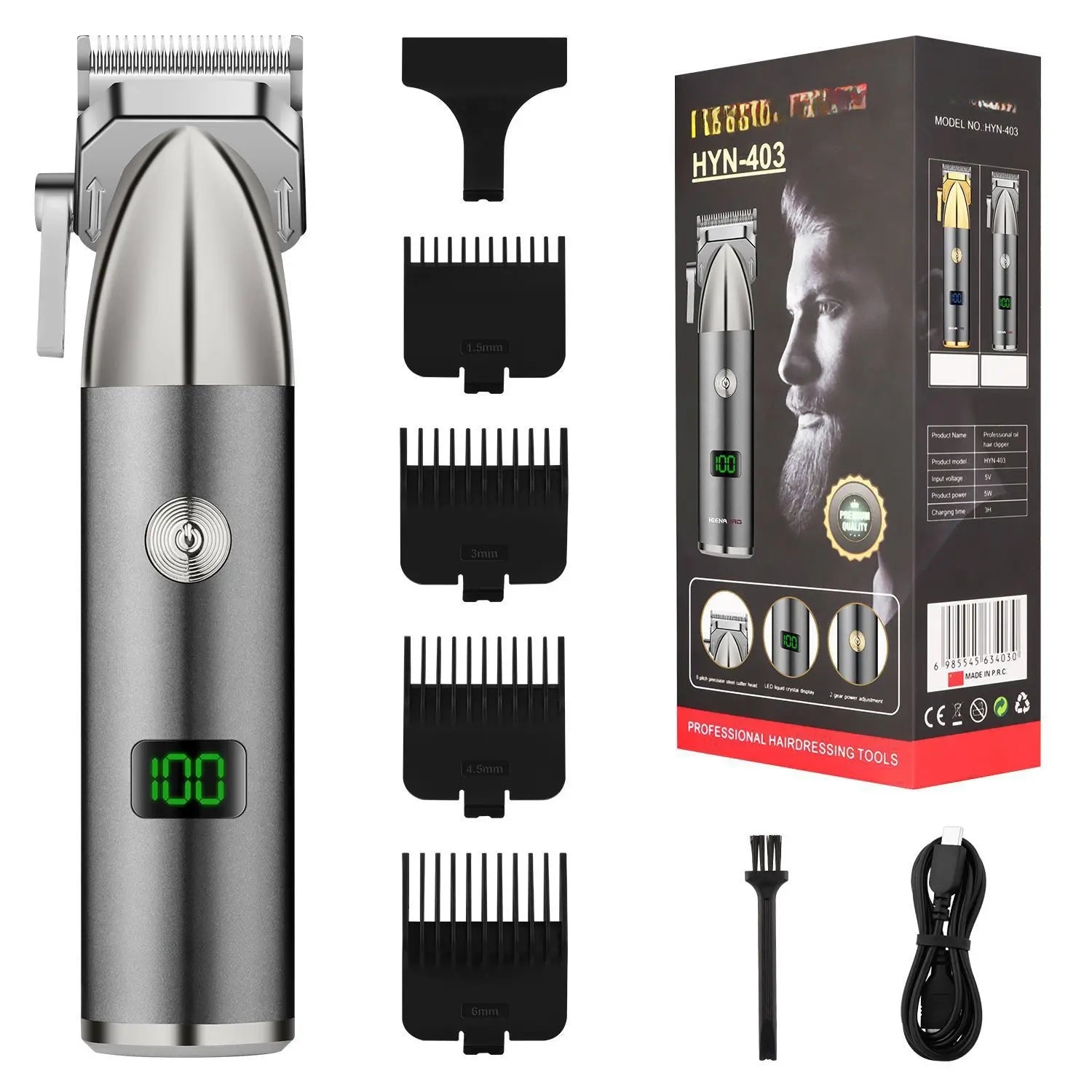 Professional Hair Clipper with sharp blades and LED display, designed for beard and hair trimming, featuring a wireless rechargeable design.