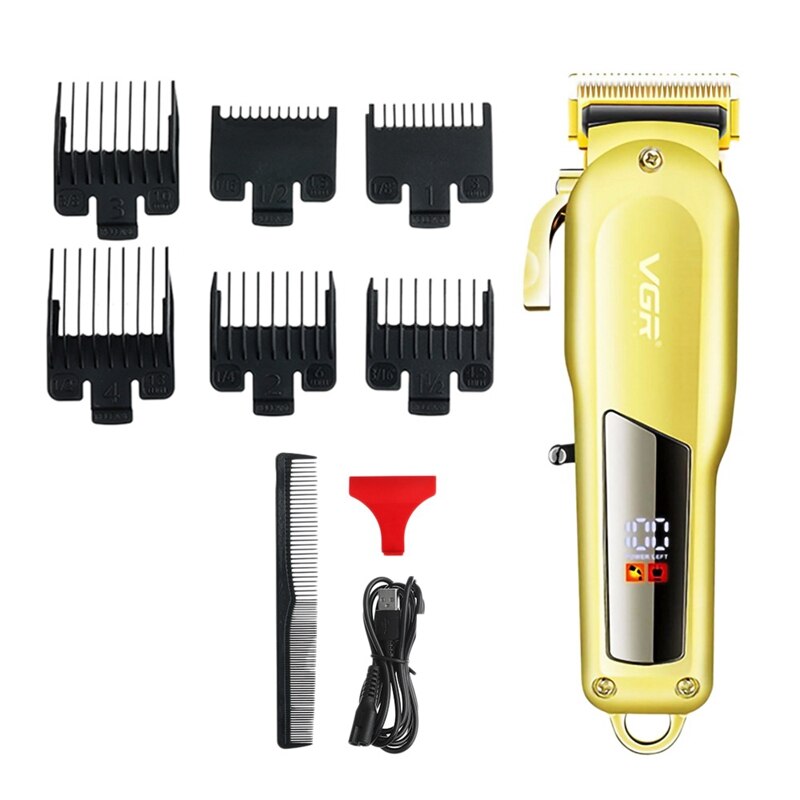 Professional Hair Cutting Rechargeable Cordless Hair Trimmer with various attachments and USB charging cable.