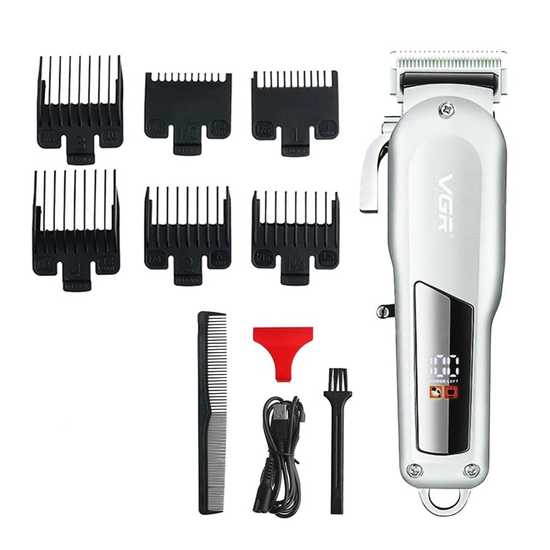 Professional Hair Cutting Rechargeable Cordless Hair Trimmer with various attachments and USB charging cable.