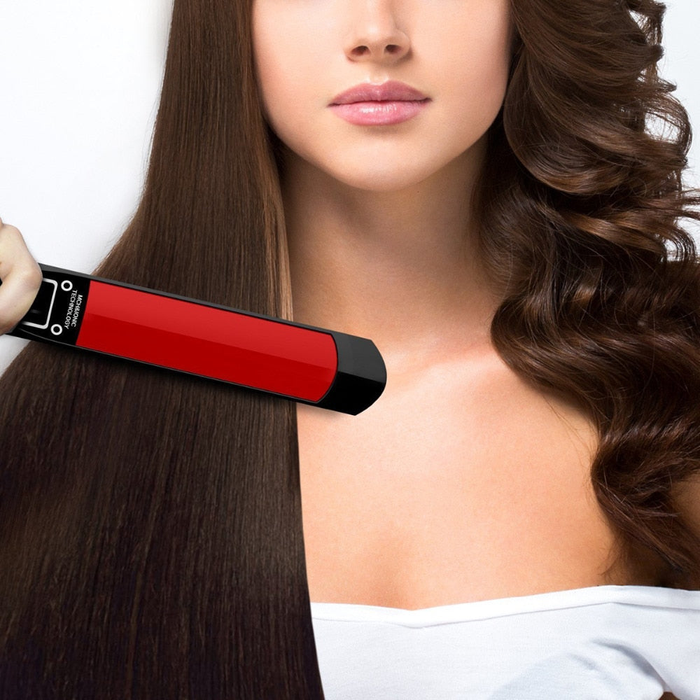 Professional Hair Straightener with Nano-Titanium plates, designed for smooth and shiny hair styling.