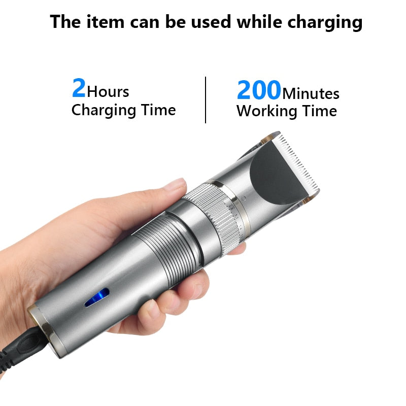 Professional Hair Trimmer Digital USB Rechargeable for Men, showcasing its sleek design and adjustable settings.