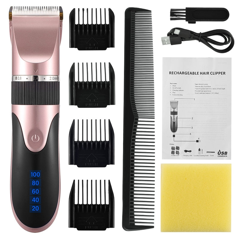 Professional Hair Trimmer with USB charging, ceramic blade, and adjustable length settings, ideal for precise grooming.