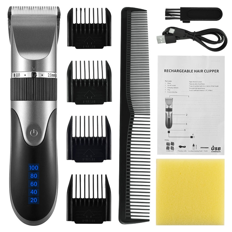 Professional Hair Trimmer with USB charging, ceramic blade, and adjustable length settings, ideal for precise grooming.