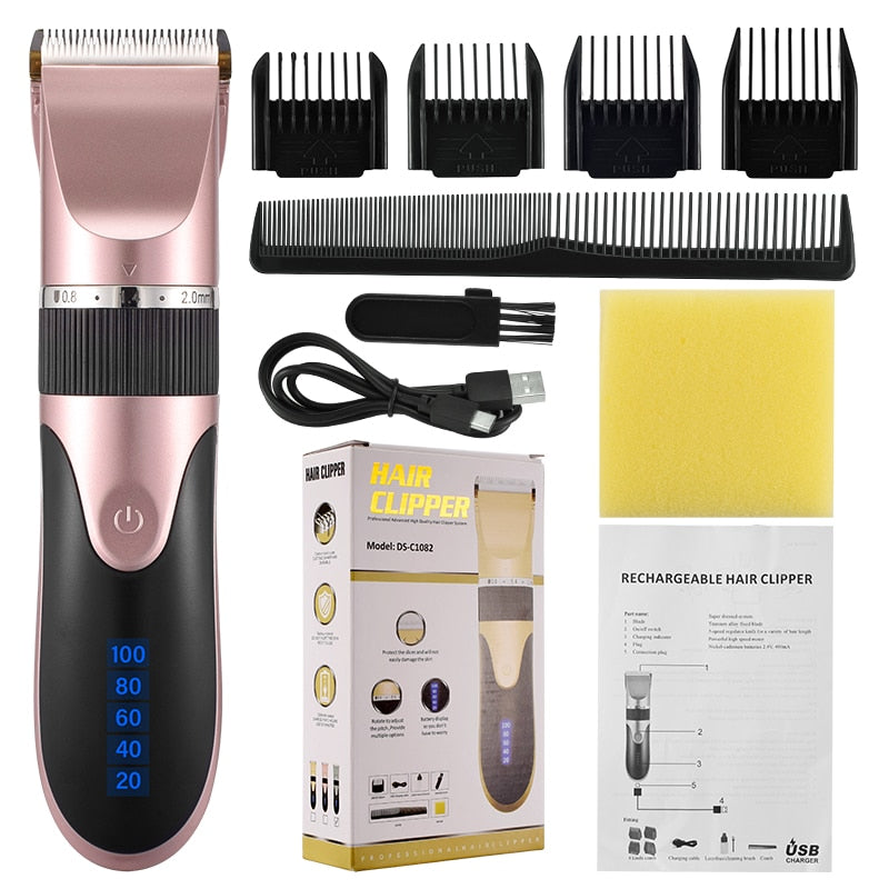 Professional Hair Trimmer with USB charging, ceramic blade, and adjustable length settings, ideal for precise grooming.