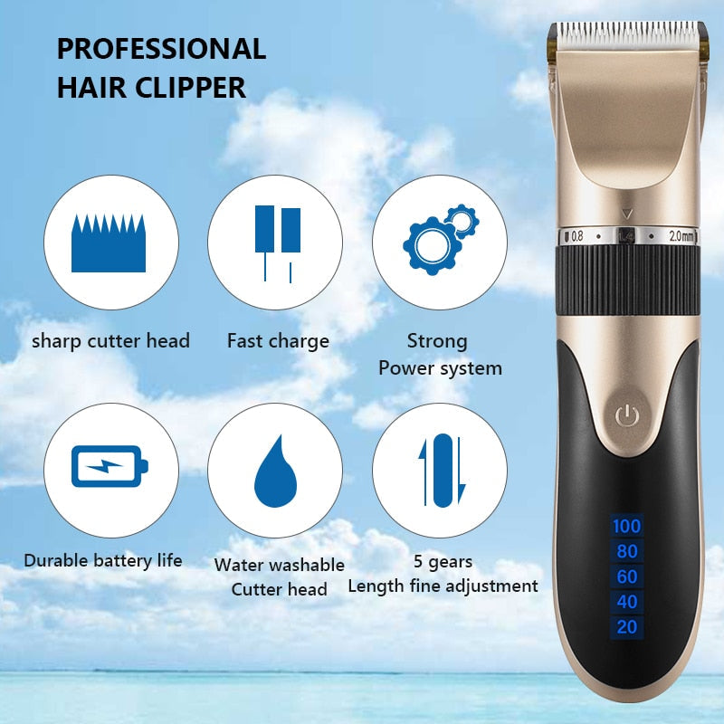 Professional Hair Trimmer with USB charging, ceramic blade, and adjustable length settings, ideal for precise grooming.