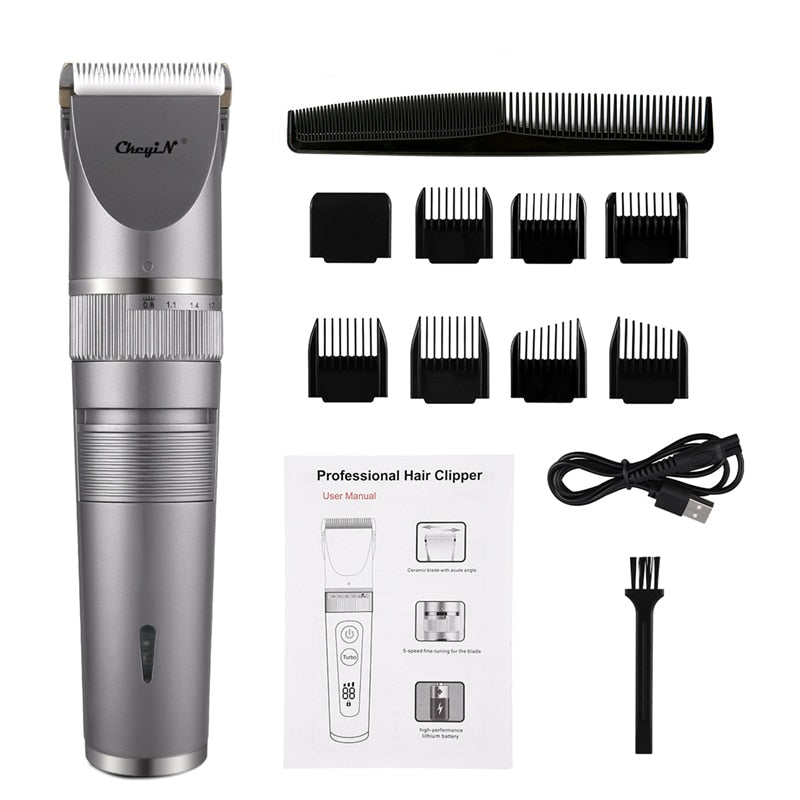 Professional Hair Trimmer with Ceramic Blade Head, showcasing its sleek design and multiple limit combs for versatile styling.