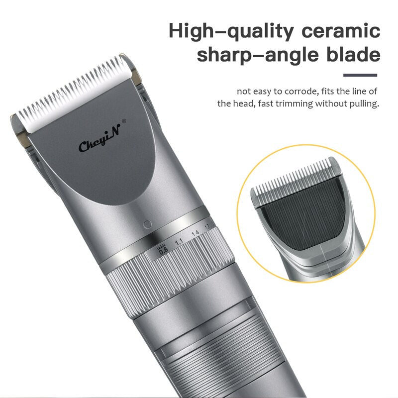 Professional Hair Trimmer with Ceramic Blade Head, showcasing its sleek design and multiple limit combs for versatile styling.