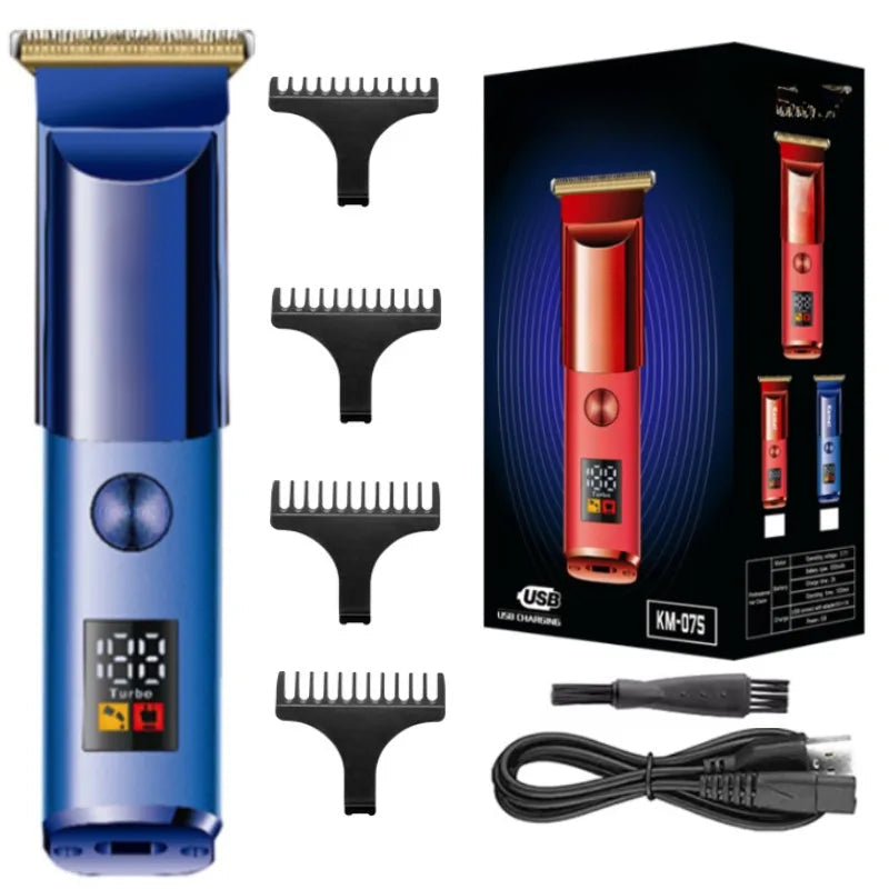 Professional hair trimmer for men with LCD display, stainless steel blade, and accessories including limit combs and USB cable.